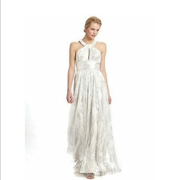 Aidan Mattox White Silver Metallic Halter Cross Back Maxi Gown Dress - Picture 1 of 11